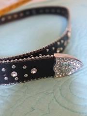 Women&rsquo;s Black Cross Rhinestone Western Motorcycle Bling Leather Belt