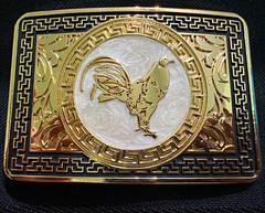 Western Rooster Rectangular Belt Buckle Gold/Black Metal Fits 1.5in Belt