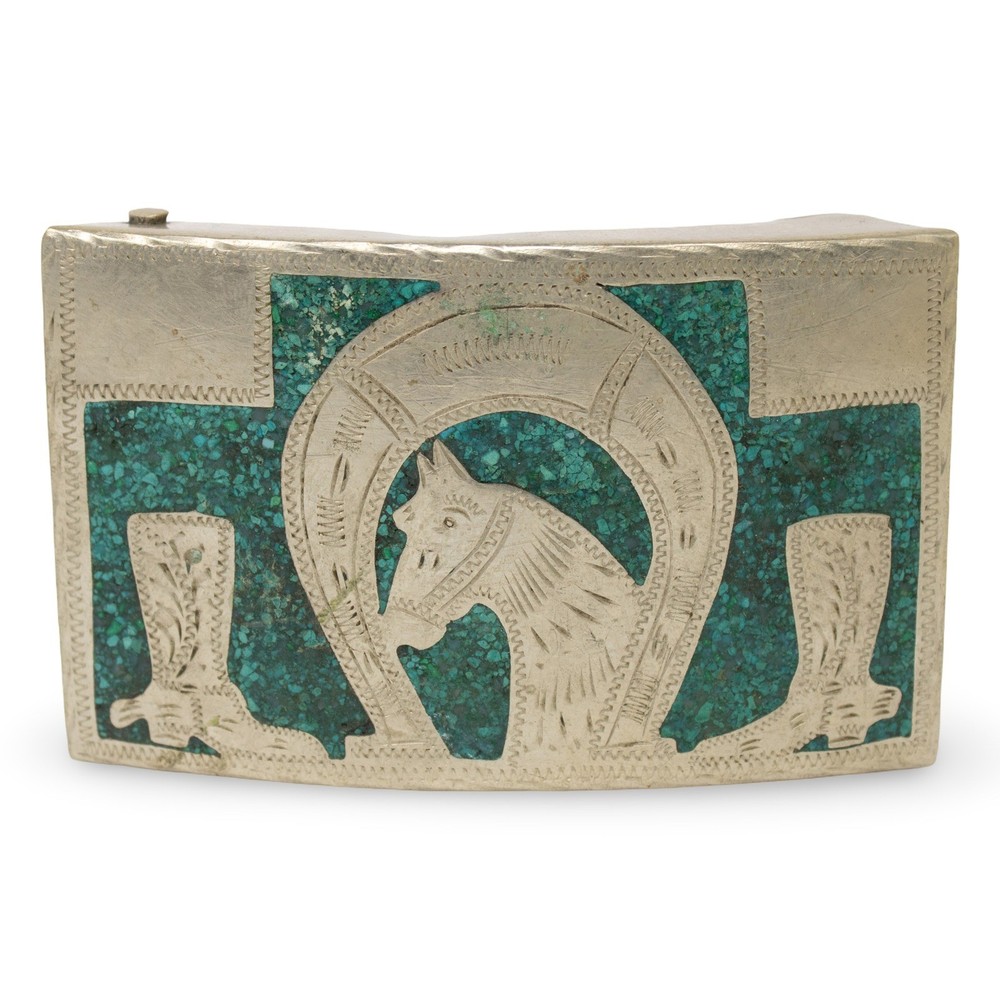 Vintage Mexico Alpaca Silver Turquoise Chip Inlay Horse Horseshoe Boots Buckle