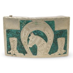Vintage Mexico Alpaca Silver Turquoise Chip Inlay Horse Horseshoe Boots Buckle