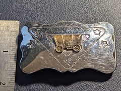Vintage Covered Wagon Western Belt Buckle, Silver with Bronze Wagon