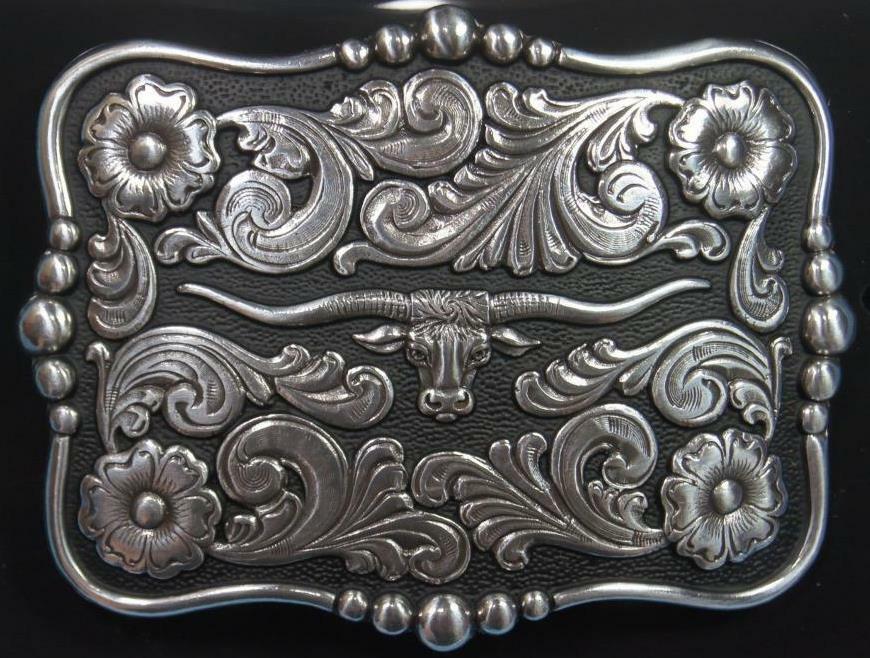 Nocona Western Belt Buckle Rectangle Longhorn Silver Tone and Black 37586