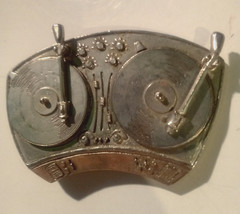 DJ Turn Tables Spinning Belt Buckle Silver Star Originator Vintage Made in USA