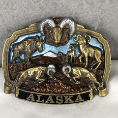 Vintage The Great American Buckle Co Belt Buckle Mens Gold Alaska Wildlife USA