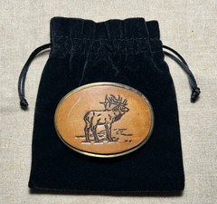 Vintage Elk Leather Belt Buckle Western Wildlife Oval Brown Brass USA