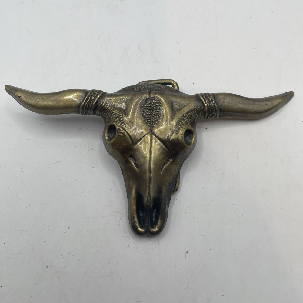 Vtg 1970s Large Ox Bull Longhorn Skull Western Cowboy Biker Brass Belt Buckle