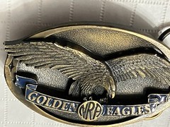 Vintage NRA Belt Buckle Golden Eagles Solid BRASS Blue Made in USA NRA Am Eagle