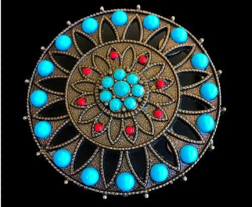 Spirograph Blue And Red Stones Plaque Antique Nickle Round Belt Buckle