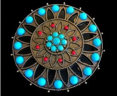 Spirograph Blue And Red Stones Plaque Antique Nickle Round Belt Buckle