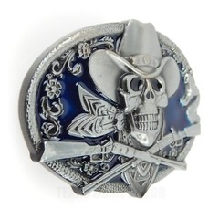 Dead Cowboy Belt Buckle Skull Guns Rattlesnake Blue Enamel Fits 1.5&Prime; Belts