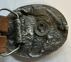 1983 Siskiyou Pewter Horse Belt Buckle Leather Belt Eagle Grain 42/44 Tan USA