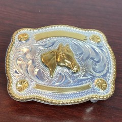 JUSTIN Silver Mexico Horse Head 2-5/8”x2-1/8” Belt Buckle SHINY GOLD SILVER Tone