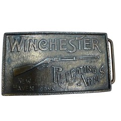 Vtg Winchester Repeating Arms Belt Buckle Brass Tone Rifle New Haven Conn 1980s