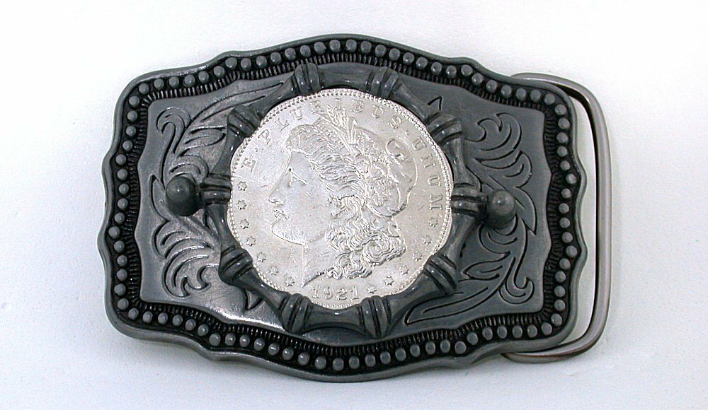 Pewter Silver Color Southwest Western REAL 1921 Morgan Silver Dollar Belt Buckle