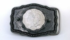 Pewter Silver Color Southwest Western REAL 1921 Morgan Silver Dollar Belt Buckle