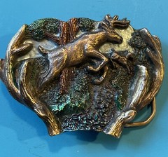 Leaping Buck & Doe Belt Buckle Brass & Enamel Stag Deer Great American Buckle Co