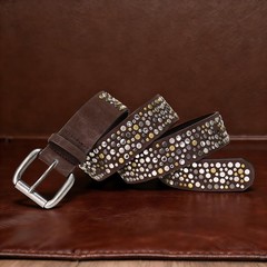 CHXRRPGC Rivet Studded Belt for Men, 40 (Fit Waist 37&Prime;-40&Prime;), Coffee-golden