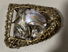Men&rsquo;s Ornate Handcrafted Belt Buckle W/ Large Abalone Insert, Gold Tone, UNIQUE!