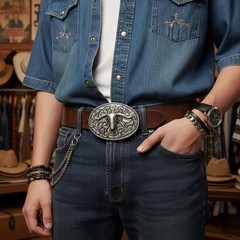 NEW Men Western Belt Buckle Silver Metal Longhorns Bull Oval Filigree Cow Skull