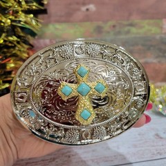 Cross Western belt Buckle Silver Oval Religious Gift Item With Blue Accents