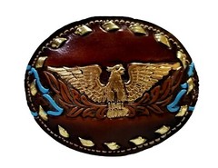 EAGLE Belt BUCKLE w/ GOLD BUCKSTITCHING Lg HANDMADE Brown LEATHER Western/Biker