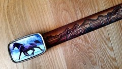 HORSE Running Leather Belt & HORSEn Epoxy Photo Buckle(28&Prime;-54&Prime; waist) New USA