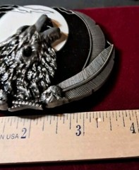 Belt Buckle Wolf Howling At The Moon With Black And White Enamel Detail Feathers