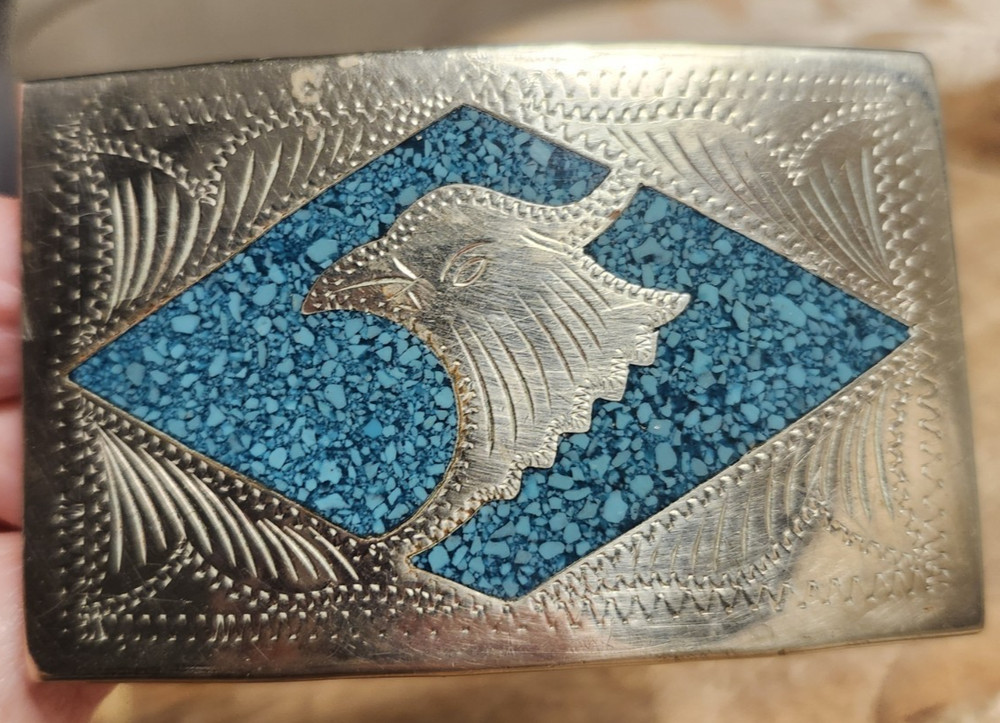 Southwestern Alpaca Mexico Native Boho Inlay Turquoise Belt Buckle Thunderbird