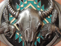 Siskiyou 1992 Enamel Buffalo Skull Belt Buckle Pewter Turquoise Color USA Made