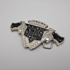 Western Outlaw Style Belt Buckle Crossed Revolvers Silver Tone Black Enamel