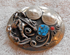 Sterling Native American Belt Buckle – Buffalo Nickels Turquoise/Coral 76g TW