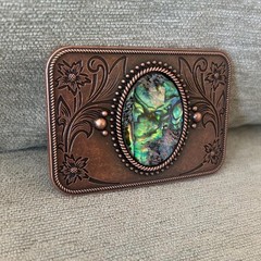 Bronze Abalone Shell Belt Buckle Engraved Floral Inlay Fits 1.5 Inch Belt