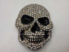 Creepy Skull Grinning Teeth Black Enamel Clear Rhinestone Covered Belt Buckle