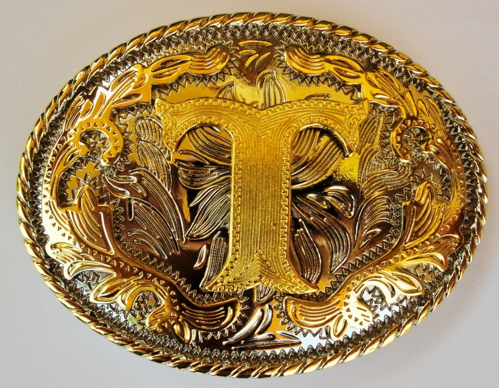 INITIAL  » T  » RODEO COWBOY LETTER SHINE GOLD SILVER WESTERN BELT BUCKLE