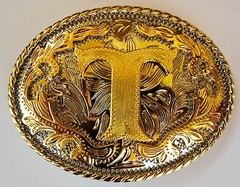 INITIAL  » T  » RODEO COWBOY LETTER SHINE GOLD SILVER WESTERN BELT BUCKLE