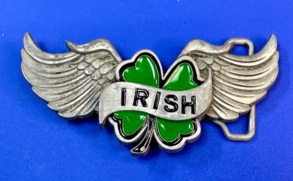 Irish Lucky Four 4 Leaf Clover W/ Wings Cutout Green & Silver Belt Buckle
