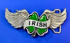 Irish Lucky Four 4 Leaf Clover W/ Wings Cutout Green & Silver Belt Buckle