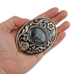 Western Belt Buckle Black Faux Oval Marble Stone Gold Floral Accents Enamel