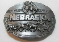 Vintage 1989 NEBRASKA Indian Chief & Stage Coach Belt Buckle X-44 Pewter UNUSED