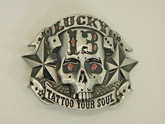 Lucky 13 Reproduction Skeleton Skull Head Stars Belt Buckle « Tattoo Your Soul »