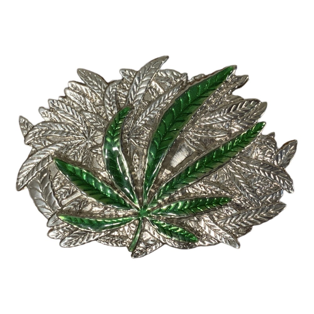 Men’s belt buckle Marijuana Weed Pot Smoking Silver Green Leaf Novelty