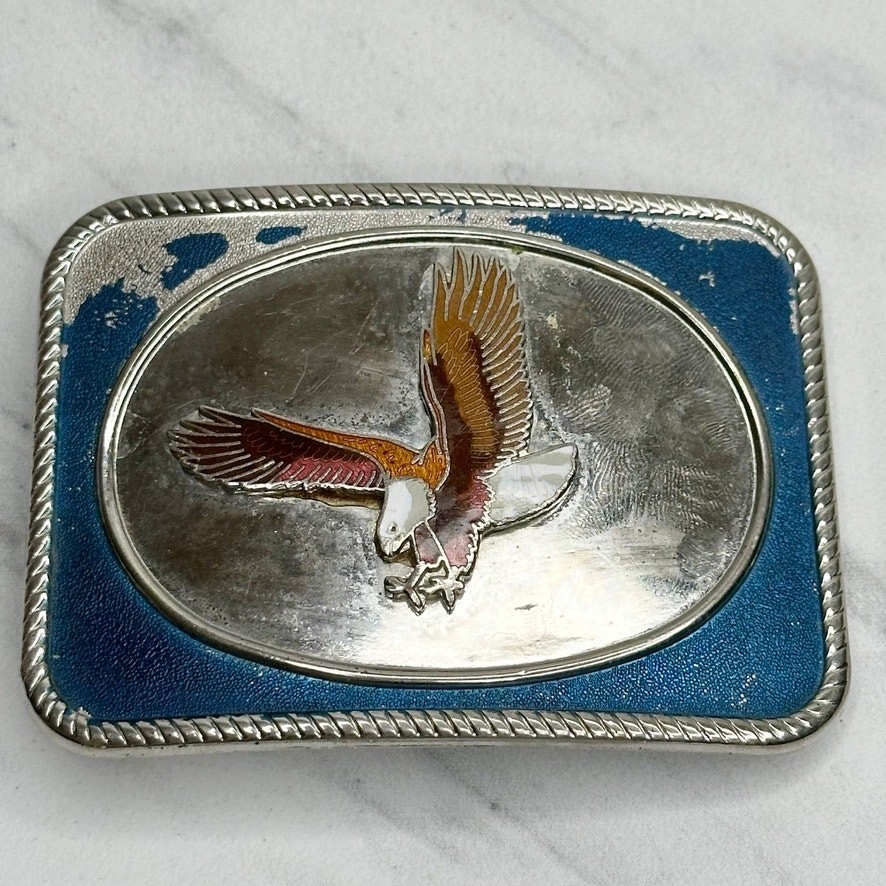 Vintage Flying Eagle Belt Buckle Blue Silver Tone 3.54&Prime; Western Patriotic