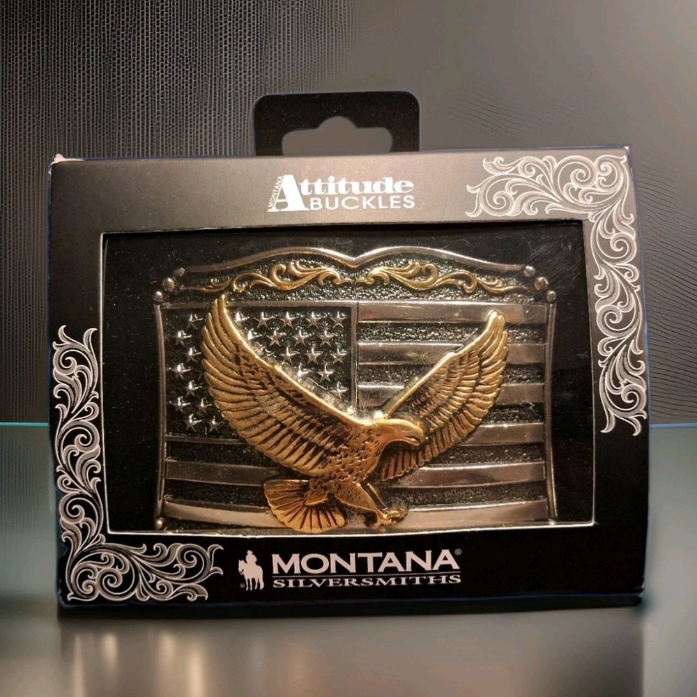 New! Montana Silversmiths &lsquo;SOARING LIBERTY&rsquo; ATTITUDE BELT BUCKLE w/ Flag & Eagle