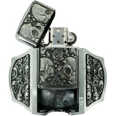 Skulls Engraved Refillable Flip Top Lighter in a Belt Buckle Combo