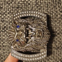 Lion Head Belt Buckle Rhinestone Blue Eyes Silver Tone Bling Western Biker Style