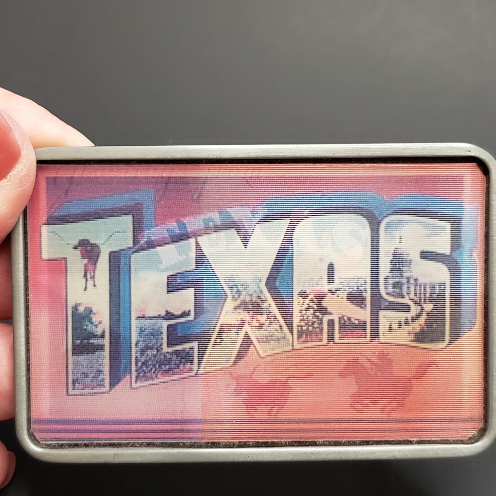 Texas Belt Buckle Holographic Souvenir Flag Horses Longhorn Fathers Day Gift EUC