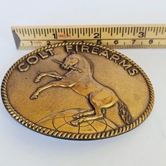 70&rsquo;s Colt Firearms Belt Buckle Signed Brass Tone Rampant Colt Horse Logo Western