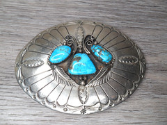 Vtg Stamped Artist R.Bennett Nickel Silver Three Gemstone Turquoise Belt Buckle