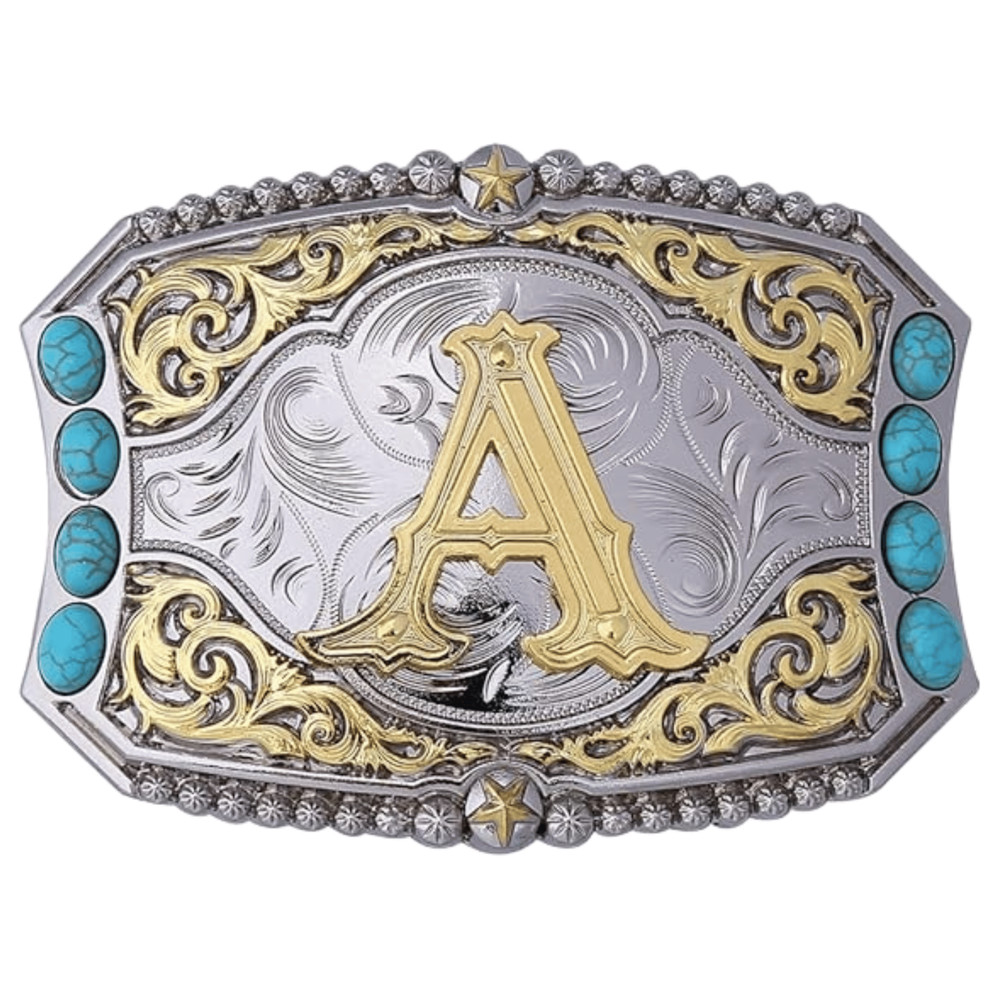 Turquoise Belt Buckle Western Cowboy Rodeo Initial Letters ABCD to Z Belt Buckle