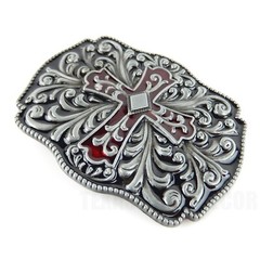 Floral Cross Belt Buckle Antique Silver Tone Fits 1.5&Prime; Belts Red Black Enamel
